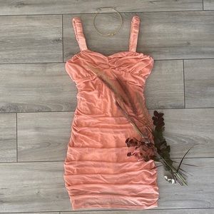 BEBE RUCHED MESH MINI DRESS